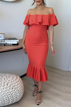 Orange Red Sweet Solid Patchwork Flounce Off the Shoulder One Step Skirt Dresses
