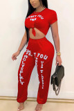 Red Casual Letter Print Solid Patchwork O Neck Short Two Pieces