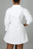 White Fashion Casual Solid Metal Accessories Decoration With Bow Turndown Collar Shirt Dress Dresses