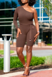 Brown Fashion Casual Solid Backless Long Sleeves Skinny Romper