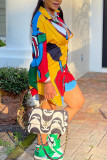Multicolor Casual Street Print Patchwork Buckle Turndown Collar Shirt Dress Dresses
