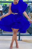 Blue Elegant Solid Patchwork Flounce Asymmetrical O Neck One Step Skirt Dresses