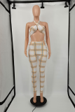 Red Sexy Plaid Patchwork Halter Sleeveless Two Pieces
