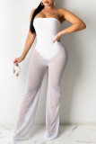 Red Sexy Solid Patchwork See-through Strapless Straight Jumpsuits