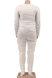 White Sexy Solid Bandage Patchwork Fold V Neck Plus Size Two Pieces