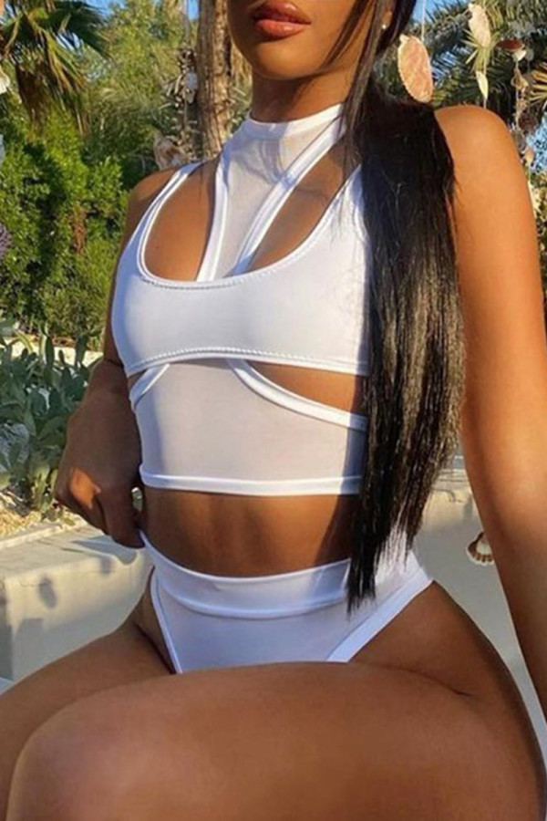 White Sexy Solid Hollowed Out Backless O Neck Sleeveless Two Pieces