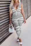Yellow Fashion Sexy Striped Print Patchwork V Neck Skinny Jumpsuits