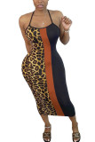 Orange Fashion Casual Ma'am Leopard Halter Neck A-Line Dresses