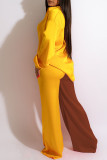 Coffee Casual Solid Patchwork Buckle Turndown Collar Long Sleeve Two Pieces