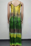 Green Sweet Print Patchwork Spaghetti Strap Sling Dress Dresses