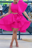 Rose Red Elegant Solid Patchwork Flounce Asymmetrical O Neck One Step Skirt Dresses