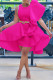 Rose Red Elegant Solid Patchwork Flounce Asymmetrical O Neck One Step Skirt Dresses