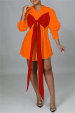 Tangerine Red Fashion Casual Solid Metal Accessories Decoration With Bow Turndown Collar Shirt Dress Dresses