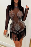 Red Fashion Sexy Patchwork Hot Drilling Tassel See-through O Neck Long Sleeve Dresses