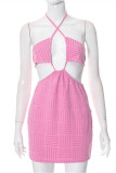 Pink Fashion Sexy Solid Bandage Backless Halter Sleeveless Dress Dresses