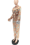 Gold Fashion Print Patchwork Turndown Collar Long Sleeve Two Pieces