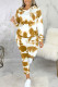 Yellow Sexy Print Patchwork Hooded Collar Long Sleeve Two Pieces