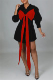 Black Red Fashion Casual Solid Metal Accessories Decoration With Bow Turndown Collar Shirt Dress Dresses