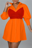Tangerine Red Fashion Casual Solid Metal Accessories Decoration With Bow Turndown Collar Shirt Dress Dresses