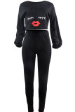 Pink Sexy Print Lips Print pencil Long Sleeve Two Pieces