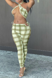 Red Sexy Plaid Patchwork Halter Sleeveless Two Pieces