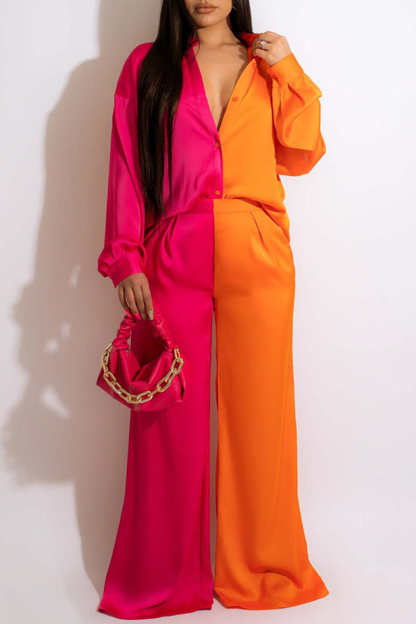 Rose Red Casual Solid Patchwork Buckle Turndown Collar Long Sleeve Two Pieces