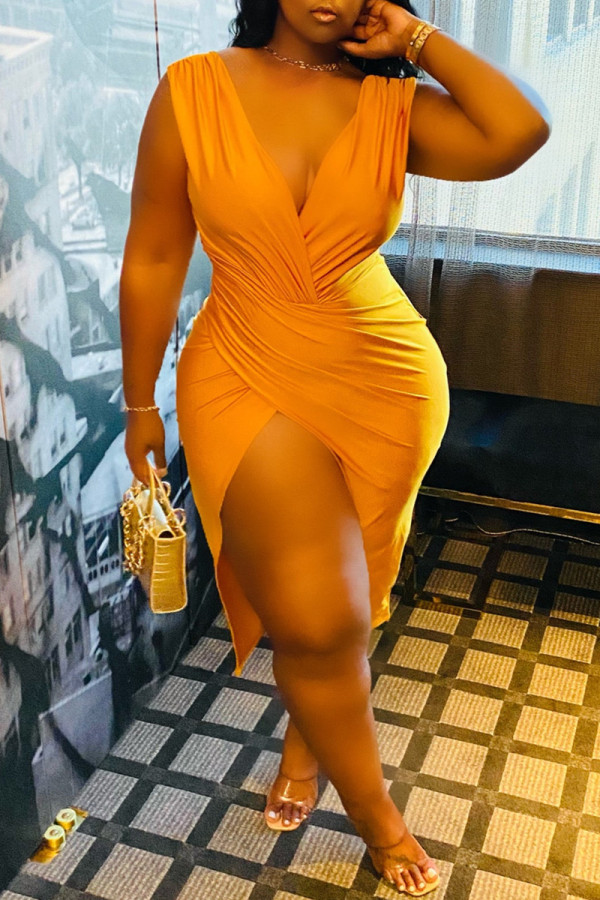 Orange Fashion Solid Patchwork Slit V Neck Sleeveless Dress