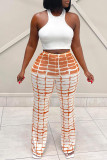 Yellow Fashion Casual Plaid Print Patchwork Regular High Waist Conventional Full Print Bottoms