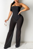 Red Sexy Solid Patchwork See-through Strapless Straight Jumpsuits