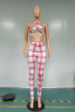 Red Sexy Plaid Patchwork Halter Sleeveless Two Pieces