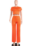 Orange Milk Silk Fashion adult Europe and America Ma'am Solid Two Piece Suits Loose Short Sleeve Two Pieces