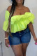 Fluorescent Green Sexy Solid Patchwork Flounce Fold Off the Shoulder T-Shirts