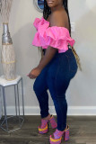 Pink Sexy Solid Patchwork Flounce Fold Off the Shoulder T-Shirts