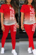 Red Casual Print Patchwork O Neck Short Sleeve Two Pieces