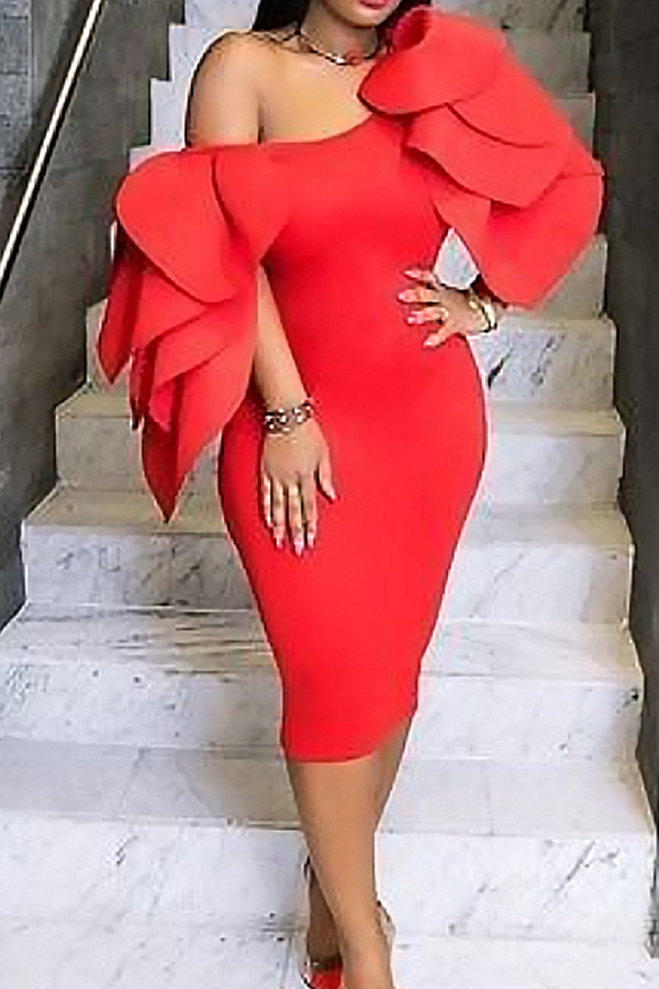 Red Fashion Sexy Solid Patchwork Oblique Collar Evening Dress