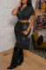Black Fashion Print Draw String Hooded Collar Short Sleeve Two Pieces