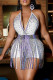 White Fashion Sexy Patchwork Hot Drilling Tassel Backless V Neck Sleeveless Two Pieces