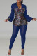 Blue Fashion Sexy Patchwork Sequins See-through V Neck Skinny Jumpsuits