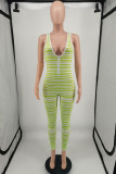Fluorescent Green Fashion Sexy Striped Print Patchwork V Neck Skinny Jumpsuits