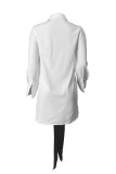 White Fashion Casual Solid Metal Accessories Decoration With Bow Turndown Collar Shirt Dress Dresses