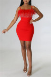 Red Fashion Sexy Patchwork Solid Feathers Backless Spaghetti Strap Sleeveless Dress