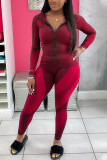 Red Casual Geometric Patchwork O Neck Long Sleeve Two Pieces