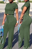 Green Milk Silk Fashion adult Europe and America Ma'am Solid Two Piece Suits Loose Short Sleeve Two Pieces