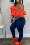 Pink Sexy Solid Patchwork Flounce Fold Off the Shoulder T-Shirts