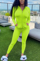 Fluorescent green Fashion Sexy adult Ma'am Patchwork Solid Two Piece Suits pencil Long Sleeve Two Pieces