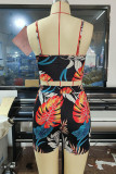 Black Sexy Print Patchwork Spaghetti Strap Sleeveless Two Pieces