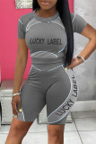 Grey Casual Sportswear Letter Print Patchwork O Neck Short Sleeve Two Pieces