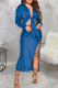 Colorful Blue Fashion Sexy Solid Bandage Slit Turndown Collar Long Sleeve Two Pieces
