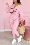 Pink Sexy Print Lips Print pencil Long Sleeve Two Pieces