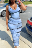 Sky Blue Sexy Striped Patchwork U Neck Pencil Skirt Dresses